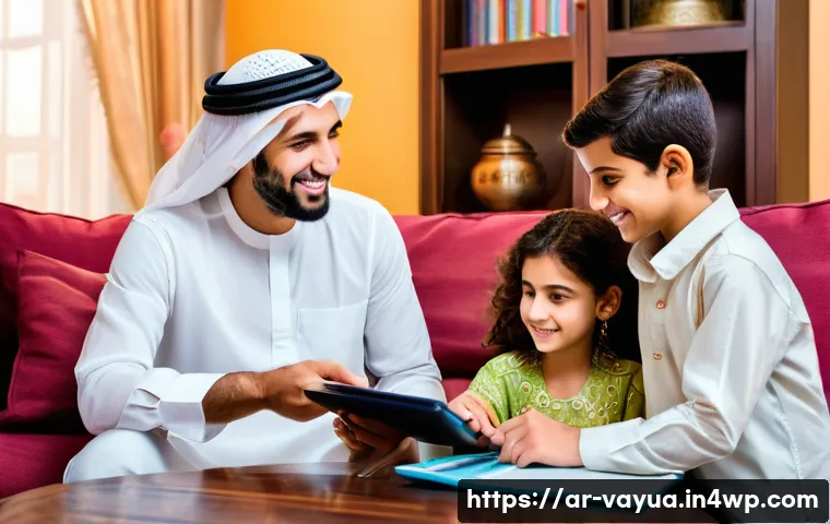 가치 기반 재정계획을 위한 커뮤니케이션 전략 - **Prompt:** An Arab family, consisting of a father, mother, and two children (a boy and a girl, aged...