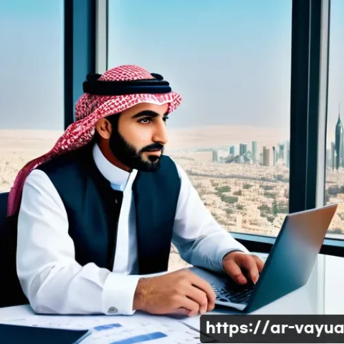 Home 31 가치 기반 재정계획에서의 자산 배분 전략 - A modern Middle Eastern financial advisor sitting at a sleek desk in a bright office overlooking a c...