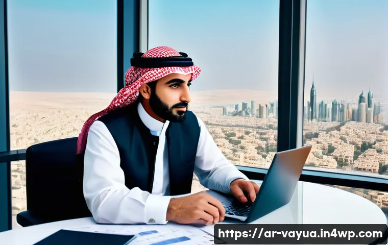 가치 기반 재정계획에서의 자산 배분 전략 - A modern Middle Eastern financial advisor sitting at a sleek desk in a bright office overlooking a c...