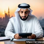 Home 18 가치 기반 재정계획에서의 투자 분석 - A thoughtful Middle Eastern investor in traditional attire sitting at a sleek modern desk, reviewing...