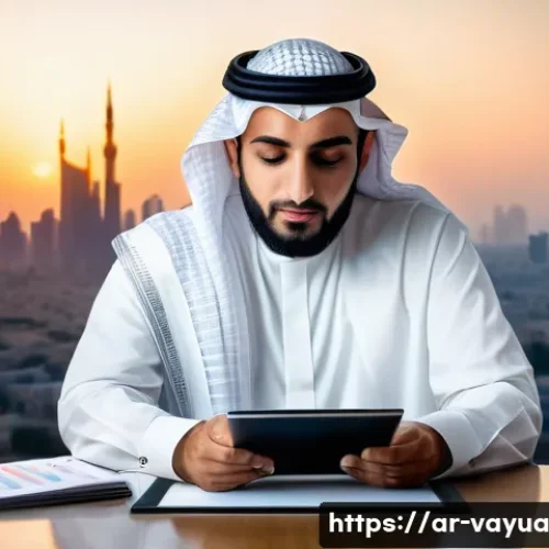 Home 30 가치 기반 재정계획에서의 투자 분석 - A thoughtful Middle Eastern investor in traditional attire sitting at a sleek modern desk, reviewing...