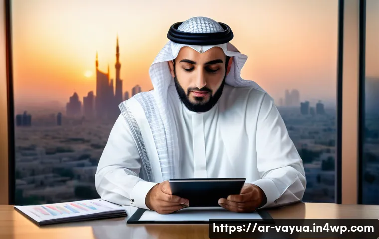 가치 기반 재정계획에서의 투자 분석 - A thoughtful Middle Eastern investor in traditional attire sitting at a sleek modern desk, reviewing...