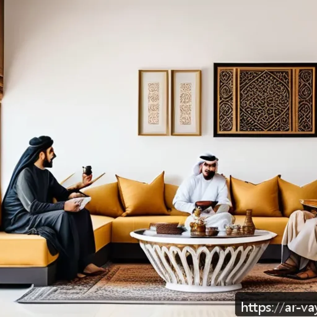 가치 기반 재정계획의 성공적인 사례 공유 - A modern Arab family sitting together in a cozy living room, discussing their monthly budget and fin...