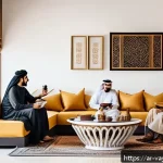 Home 17 가치 기반 재정계획의 성공적인 사례 공유 - A modern Arab family sitting together in a cozy living room, discussing their monthly budget and fin...