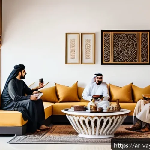 Home 29 가치 기반 재정계획의 성공적인 사례 공유 - A modern Arab family sitting together in a cozy living room, discussing their monthly budget and fin...