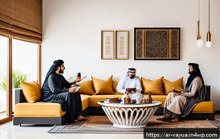 가치 기반 재정계획의 성공적인 사례 공유 - A modern Arab family sitting together in a cozy living room, discussing their monthly budget and fin...