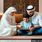 Home 22 가치 기반 재정계획 수립을 위한 도구 소개 - A modern Middle Eastern family gathered around a digital tablet, using a sleek Arabic-language finan...