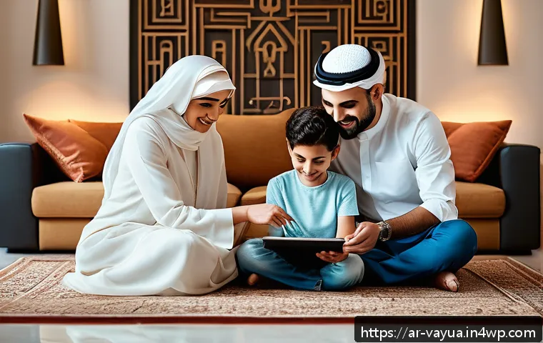 가치 기반 재정계획 수립을 위한 도구 소개 - A modern Middle Eastern family gathered around a digital tablet, using a sleek Arabic-language finan...
